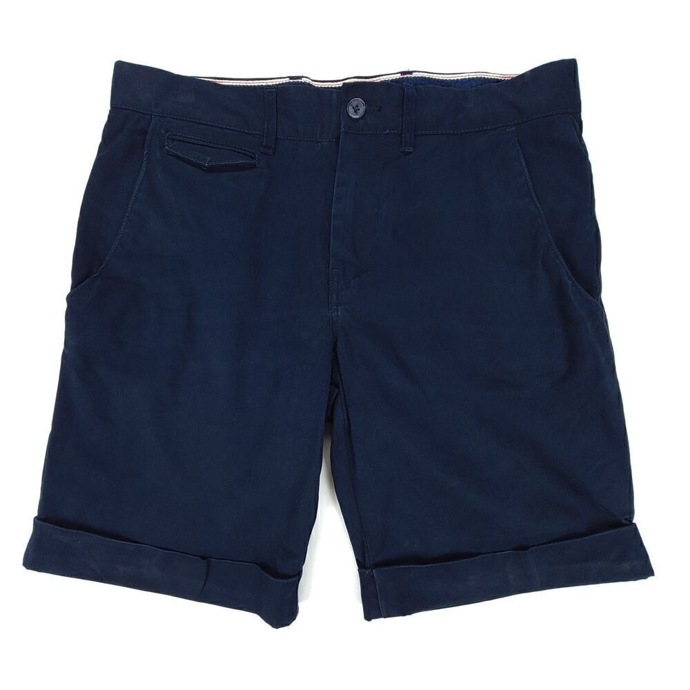 ZARA Man Stretch Cotton 8" Chino Shorts Cuffed Rolled Hem Golf Mens 30 Navy Blue